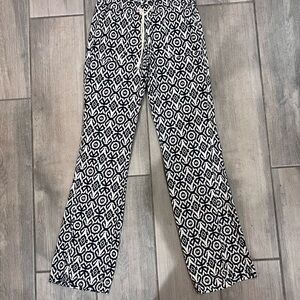Cali 1850 Linen Blend Pants Blue White Print Elastic Waist Drawstring Size XS